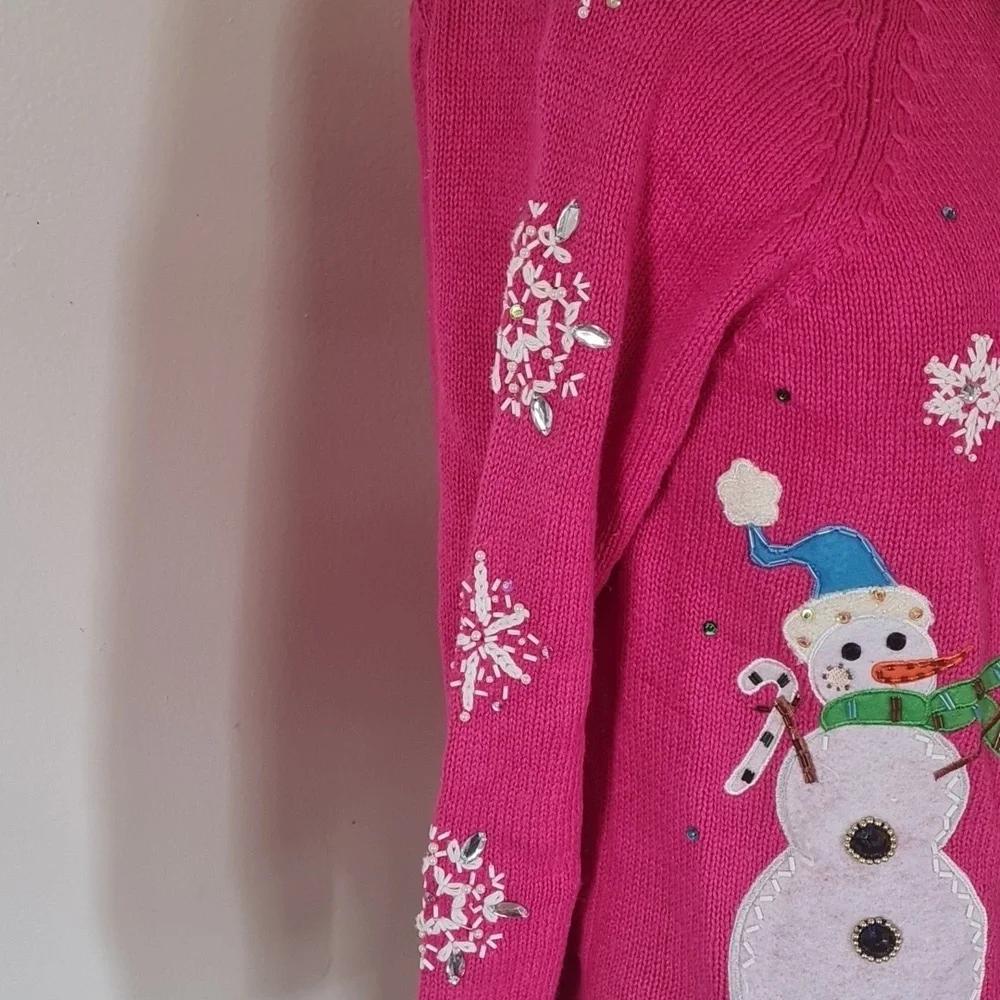 Christmas Ugly Pink Snowman Embellished Sweater Medium - Picture 4 of 14